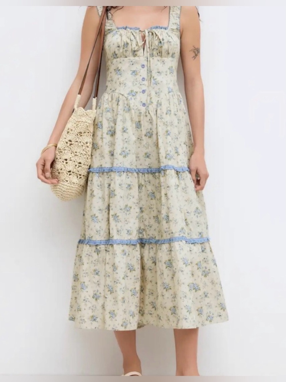 Floral Tiered Midi Dress with Blue Trim size XL